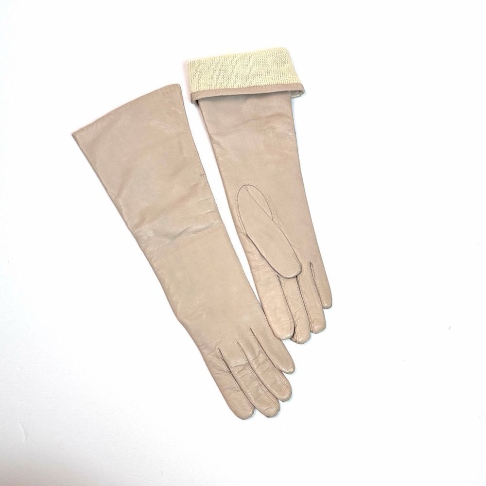 Bloomingdale's Long Leather Gloves Wool Lining Hazelnut Beige Vintage France 6,5